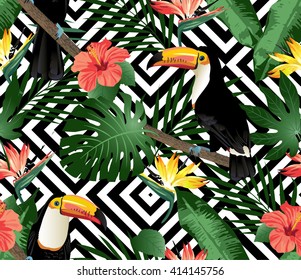 Tropical birds and palm leaves seamless geometric background. Vector.
