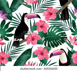 Tropical birds and palm leaves seamless background. Vector.