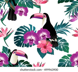 Tropical birds and palm leaves seamless background. Toucan. Vector.