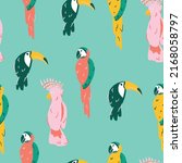 Tropical birds of paradise pattern repeat featuring cockatoo, toucan and parrot vector illustrations in green background. Great for kids and summer home decor. Surface pattern design.