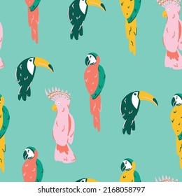 Se repiten las aves tropicales del patrón del paraíso con ilustraciones de cacerolas, tucanes y loro en fondo verde. Ideal para los niños y decoración de verano en casa. Diseño de patrones de superficie.