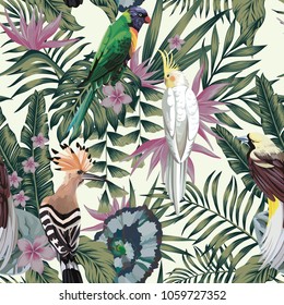 Tropical birds parrot hoopoe, exotic jungle plants leaves flowers abstract pastel color seamless white background