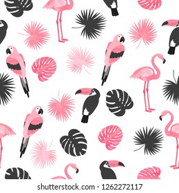 Tropical birds pattern in pink and black colors. Vector summer background.