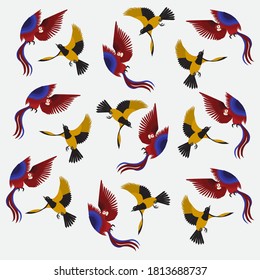 Tropical birds pattern, red and yellow bird flying on white background, vector drawing, walpaper