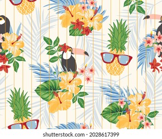 TROPICAL BIRDS AND PINEAPPLE SEAMLESS PATTERN