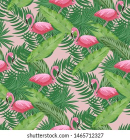 Tropical birds pink flamingo exotic flowers bird of paradise palm leaves - pink background seamless vector pattern