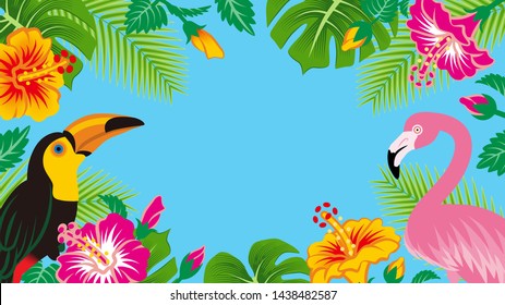 Tropical birds and plants frame - Copy space, Sky blue background