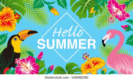 Tropical birds and plants frame - Included words "Hello SUMMER”, Sky blue background