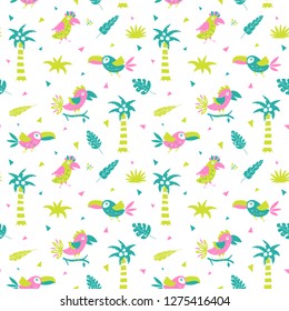Tropical birds and plants seamless pattern in Scandinavian style. Vector cartoon illustration 