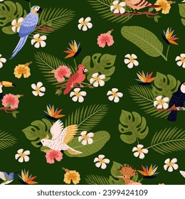 Tropical birds and plants seamless pattern. Exotic flowers, leaves, parrots, cardinal and hoopoe repeated design. Flat vector illustration for textile, fabric, wallpaper, background, wrapper.