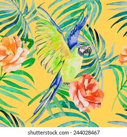 Tropical birds and plants seamless pattern. Exotic pattern with macaws and camellia. Watercolor vector.