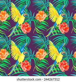 Tropical birds and plants seamless pattern. Exotic pattern with macaws and camellia. Watercolor vector.