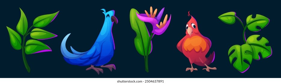 Tropical birds and plants set isolated on black background. Vector cartoon illustration of cute blue and red parrots, green tropical branches with leaves and purple flower, rainforest design elements