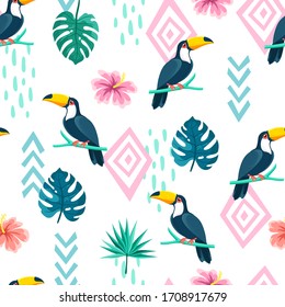 Tropical birds and plants, toucans on a white background. Summer print with geometric elements. Seamless pattern.