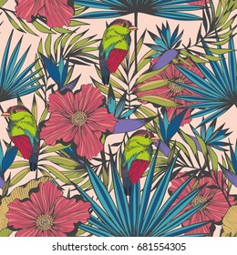 Tropical birds and plants. Vector seamless hand made pattern for design and decoration of textiles, clothing, covers, wallpaper, curtains, accessories, packaging and wrapping paper and other surfaces