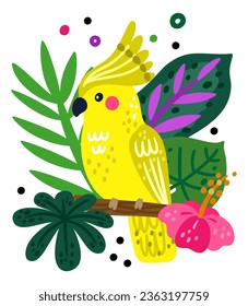 Tropical birds poster. Bright parrot and jungle plants. Funny rainforest creature. Yellow ara. Hibiscus flowers. Flying animal. Parakeet or macaw on palm branch. Vector