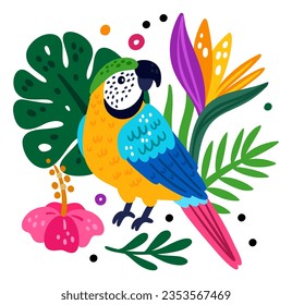 Tropical birds poster. Funny rainforest creature. Parrot and jungle plants. Exotic hibiscus flowers. Feathered animal. Parakeet or macaw on palm branch. Vector color