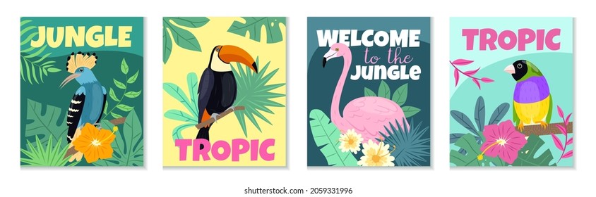 Tropical birds posters. Bright colors mini banners, exotic hawaiian fauna, different types birds pink flamingo, toucan and parrot, plants and flowers, vector cartoon flat isolated set