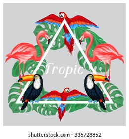 Tropical birds print design with palm leaves.