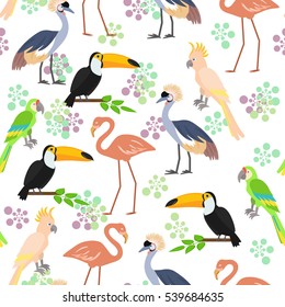 Tropical birds seamless pattern background. Flamingo, toucan, pelican, parrot, hoopoe. Vector illustration