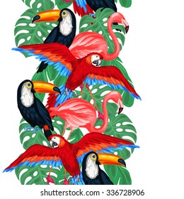 Tropical birds seamless pattern with palm leaves.