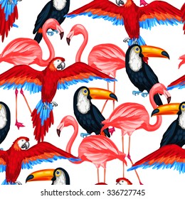 Tropical birds seamless pattern with parrots toucans and flamingos.