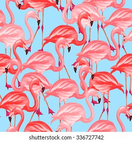 Tropical birds seamless pattern with pink flamingos.