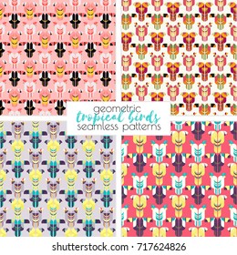 Tropical birds seamless patterns. Vector background. Parrot, toucan, cockatoo, palm leaves. Geometric illustration.