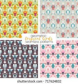 Tropical birds seamless patterns. Vector background. Parrot, toucan, cockatoo, palm leaves. Geometric illustration.