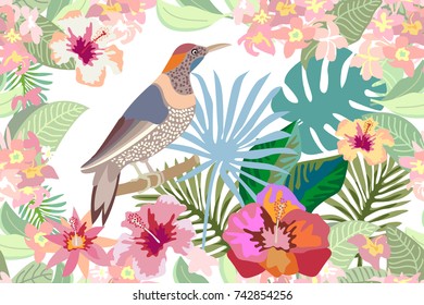 Tropical and birds. Seamless vector print with blooming flowers and leaves. Japanese, Chinese motifs. Oriental textile collection. On white background.