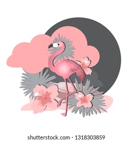 Tropical birds set of flamingo. Exotic rose bird illustrations, jungle tree, trendy art. For print or cover