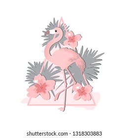 Tropical birds set of flamingo. Exotic rose bird illustrations, jungle tree, trendy art. For print or cover