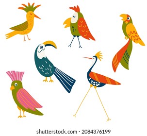 Aves Tropicales. Maquillones, gallos, loros y tocanos. personajes exóticos de aves y animales. Dibujo a mano vectora ilustración de caricatura.