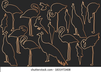 Tropical birds set silhouettes in bronze lines