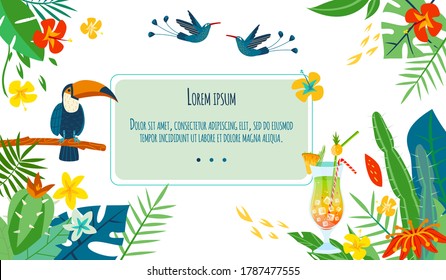 Tropical Birds, Summer Drink Vector Illustration. Cartoon Flat Fresh Drinking Tropical Fruit Cocktail, Toucan Bird On Rainforest Tree, Tropic Flowers. Summertime Paradise Vacation Natural Background