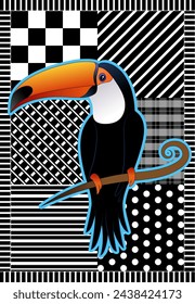 Tropical birds, toucan with geometric background. Isoleted vector. For fashion, design,  cards etc.