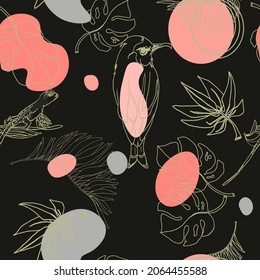 Tropical birds vector pattern with exotic leaves. Seamless illustration of fashion spots in trendy style, blank for designers, logo, icon