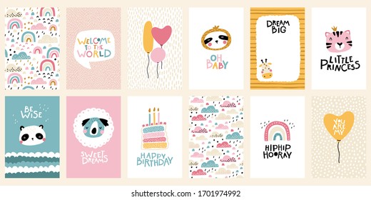 Tropical Birthday card posters collection. Cute face of an animal with lettering. Childish print for nursery in a Scandinavian style. Vector cartoon illustration in pastel colors.