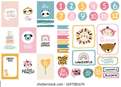 Tropical Birthday collection. Card numbers, posters and template frames. Cute face of an animal with lettering for nursery in a Scandinavian style. Vector cartoon illustration in pastel colors.