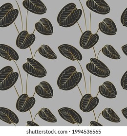 Tropical black calathea leaves golden outline drawing seamless pattern. Gray background. Jungle foliage line art texture. Stock vector illustration.