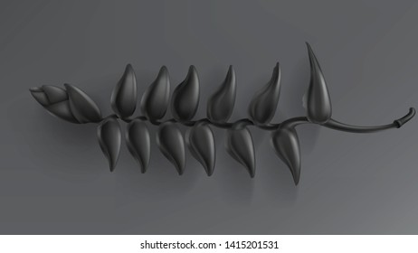 Tropical black flora isolated on dark background vector. Beautiful botanical design with tropic jungle rainforest plant, exotic bud flower heliconia. Vintage design element
