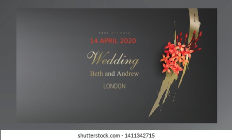 Tropical black gold design on dark background vector Botanical illustration with tropic rainforest jungle plant, exotic red ixora flower and golden paint smear Wedding invitation card, holiday sale