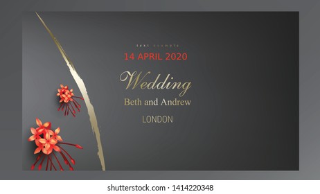 Tropical black gold design on dark background vector Botanical illustration with tropic rainforest jungle plant, exotic red ixora flower and golden paint smear Wedding invitation card, holiday sale