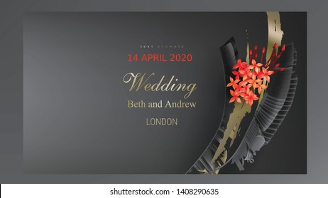 Tropical black gold leaf on dark background vector Beautiful botanical design with tropic rainforest jungle leaves, exotic red ixora flower and golden paint smear Wedding invitation card, holiday sale