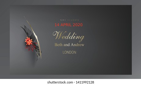 Tropical black gold leaf on dark background vector. Beautiful botanical design with tropic rainforest jungle leaves, exotic red ixora flower and golden paint smear. Wedding invitation card, holiday sale