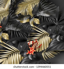 Tropical black and gold leaves on dark vector background. Beautiful botanical design with golden tropic jungle palm leaves, exotic red flower Exotic design for vintage flyer banner with floral pattern