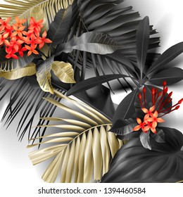 Tropical black and gold leaves on white vector background Beautiful botanical design with golden tropic jungle palm leaves, exotic red flower Exotic design for vintage flyer banner with floral pattern