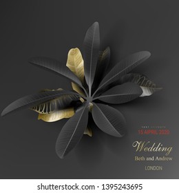 Tropical black and gold leaves on dark background vector poster. Beautiful botanical design with golden tropic rainforest jungle leaves, exotic plants for invitation, greeting cards or sales banners
