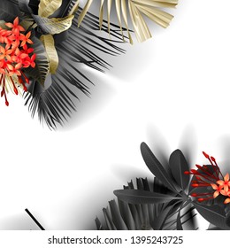 Tropical black and gold leaves on white vector background. Beautiful botanical design with golden tropic jungle palm leaves, exotic red flower. Wedding ceremony invitation card, christmas greeting