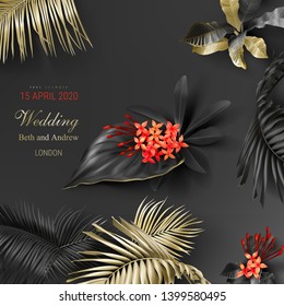 Tropical black and gold leaves on dark background vector poster Beautiful botanical design with golden tropic jungle palm leaves, exotic red flower Wedding ceremony invitation card, christmas greeting